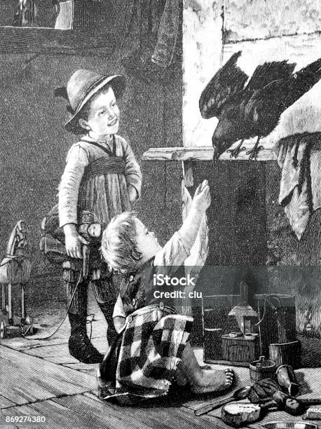 Two Children Playing With A Raven Stock Illustration - Download Image Now - 1890-1899, 1895, 19th Century