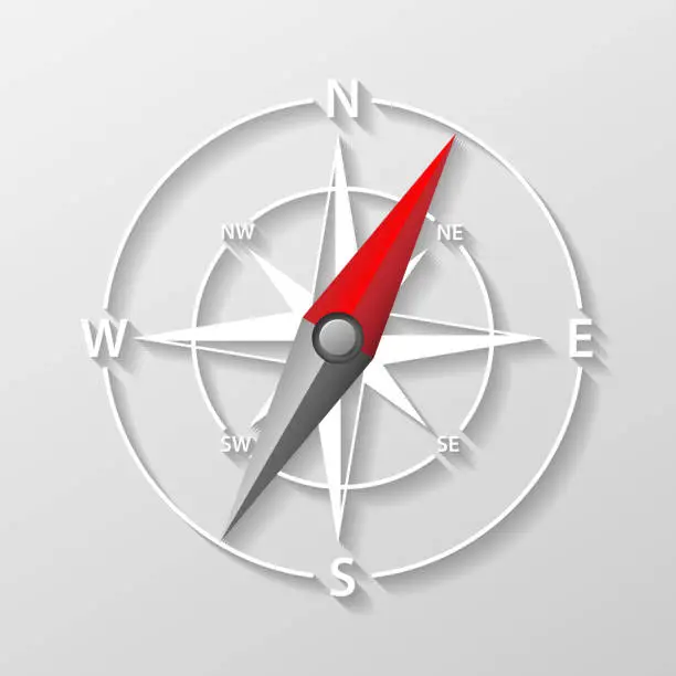 Vector illustration of Compass arrow object isolated. 3d Navigation and direction icon with shadow. Direction and navigation compass sign for adventure. Vector illustration