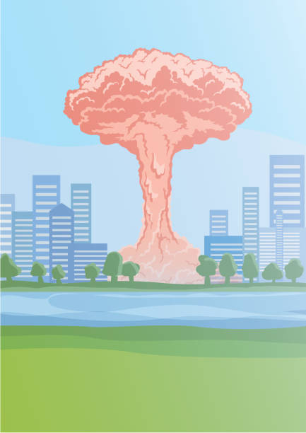 ilustrações de stock, clip art, desenhos animados e ícones de nuclear explosion in the city, mushroom clouds. vector illustration. - mushroom cloud hydrogen bomb atomic bomb testing bomb