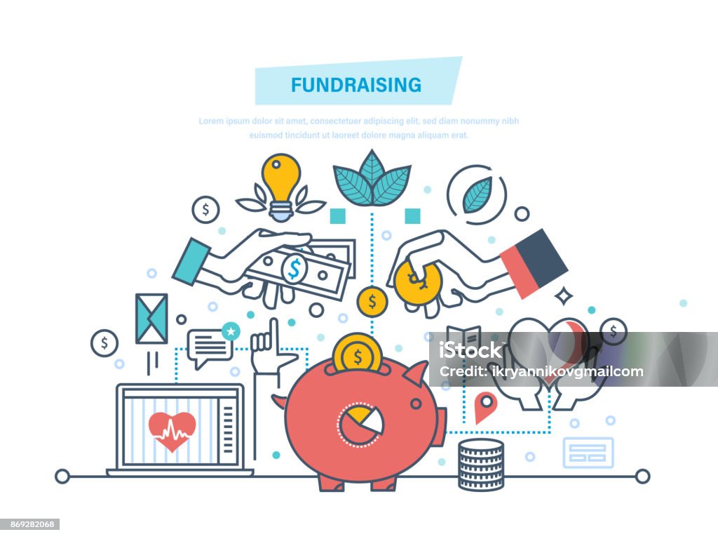 Fundraising. Fundraising event, volunteer center Fundraising concept. Fundraising event, volunteer center. Donation in heart form. Charitable foundations, help people and donation, helping the needy people. Illustration thin line design. Investment stock vector