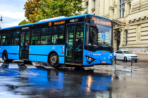 BUDAPEST, HUNGARY- 27 OCTOBER 2017: Public transport on the streets of Budapest on a rainy day.