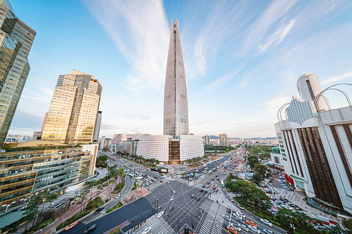 Aerial view to the cityscape of Songpagu district in Seoul with modern skyscrapers and Lotte World Tower. Seoul, South Korea, Asia. Aerial view wide angle 42 MP Sony A7RII.