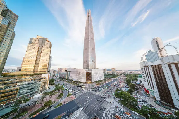 Aerial view to the cityscape of Songpagu district in Seoul with modern skyscrapers and Lotte World Tower. Seoul, South Korea, Asia. Aerial view wide angle 42 MP Sony A7RII.