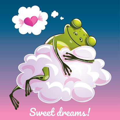 a lovely greeting card with a hand drawn frog sleeping on the cloud and an example text message sweet dreams, vector illustration