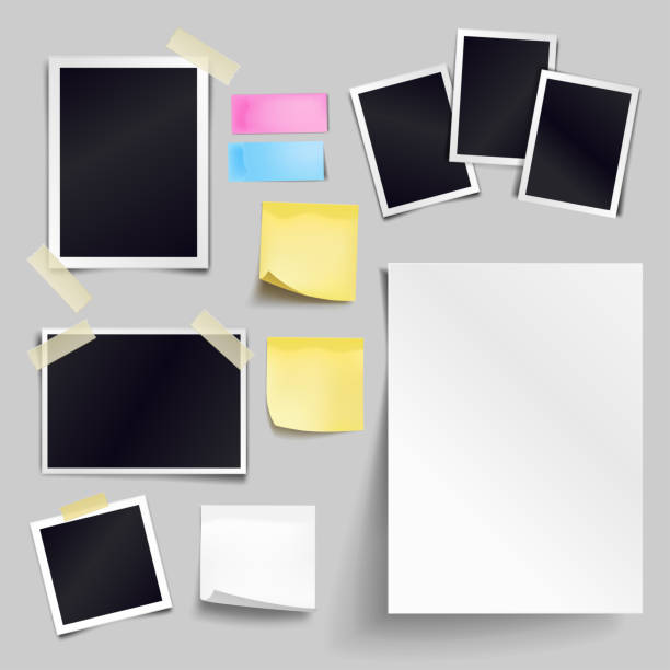 Vector set of blank paper objects. Empty white sheet of A4 format, photo frames, yellow sticky notes. Realistic empty paper templates with soft shadows isolated on gray background. Vector set of blank paper objects. Empty white sheet of A4 format, photo frames, yellow sticky notes. Realistic empty paper templates with soft shadows isolated on gray background adhesive note photos stock illustrations