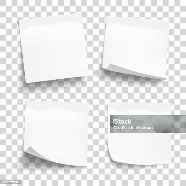 Set Of White Sheets Of Note Paper Isolated On Transparent Background Four Sticky Notes Vector Illustration Stock Illustration - Download Image Now