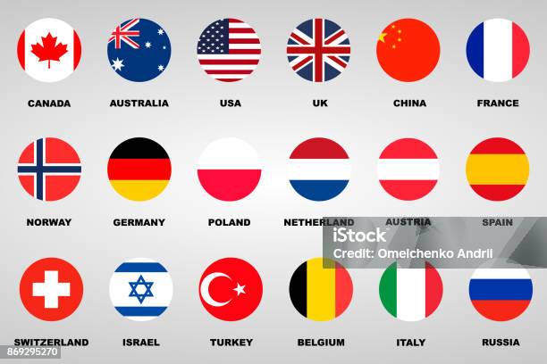 18 Различных Флагов Страны Набор — стоковая векторная графика и другие изображения на тему Флаг - Флаг, США, Круг