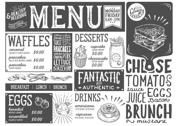 illustrations, cliparts, dessins animés et icônes de restaurant menu de brunch, modèle alimentaire. - oeuf poché