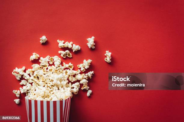 Striped Box With Popcorn Stock Photo - Download Image Now - Popcorn, Movie, Film Industry
