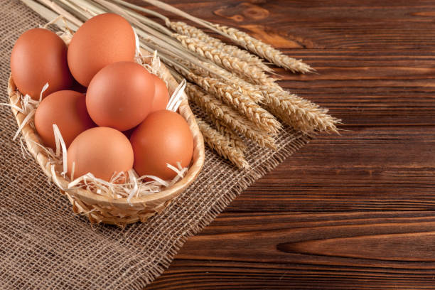 istock Chicken eggs horizontal banner. Eco farming concept. Red eggs and wheat ears on piece of sacking on brown wooden textured background. Organic food. 869303388