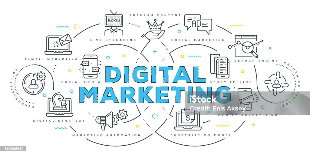 Modern Flat Line Design Concept of Digital Marketing Marketing stock vector