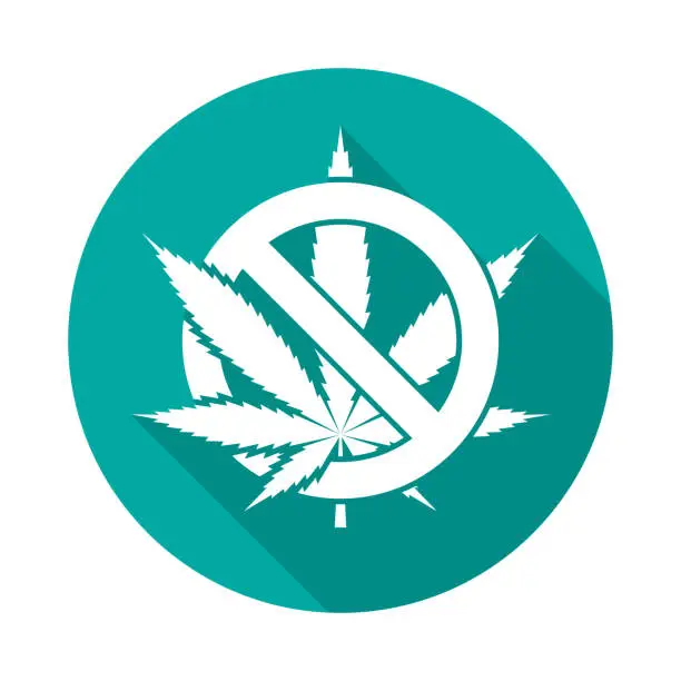 Vector illustration of No cannabis circle icon with long shadow. Flat design style.