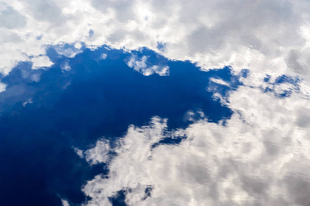 reflection of a calm blue sky with white clouds on the water of lake