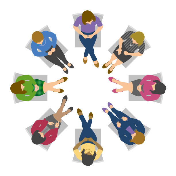 ilustrações de stock, clip art, desenhos animados e ícones de overhead view of women in circle discussion - alternative therapy illustrations