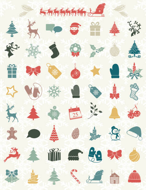 Cute Christmas Icons On A Snowflake Backgorund Cute Christmas Icons On A Snowflake Backgorund christmas stocking background stock illustrations