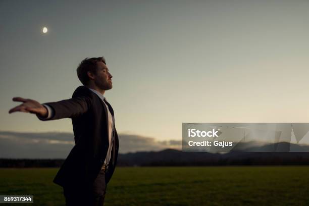 Mann Im Eleganten Anzug Stehen In Der Natur Mit Seinen Armen Weit Verbreitet Stockfoto und mehr Bilder von Glücklichsein