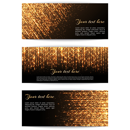 A set of banners with bright golden sparkles and star beams for festive decoration.