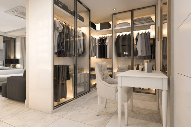 istock 3d rendering white walk in closet with golden decor near bedroom 869341284