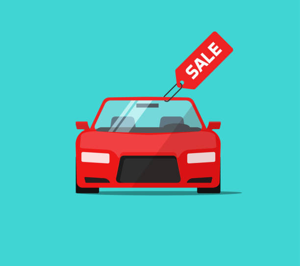 Car or auto sale vector illustration, flat cartoon design automobile with sale tag, idea of rent or buy service promotion label, concept of dealership banner Car or auto sale vector illustration, flat cartoon automobile with sale tag, idea of rent or buy service promotion label, concept of dealership banner car sales stock illustrations