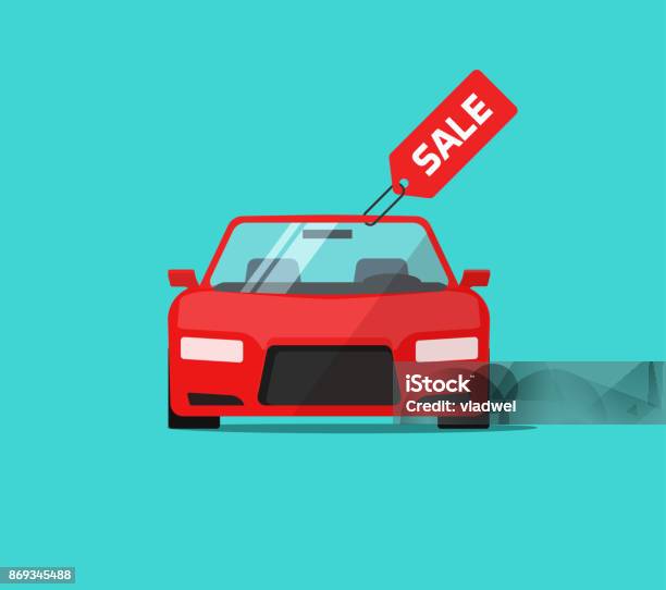 Car Or Auto Sale Vector Illustration Flat Cartoon Design Automobile With Sale Tag Idea Of Rent Or Buy Service Promotion Label Concept Of Dealership Banner Stock Illustration - Download Image Now