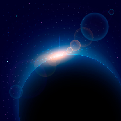 Abstract background with planet sunrise and glowing horizon. Vector.