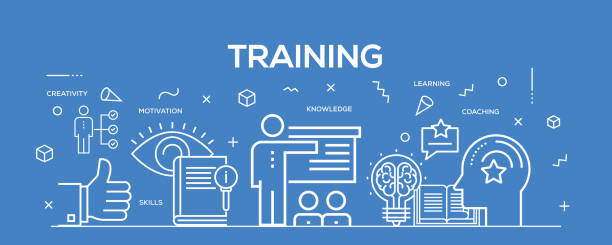 Flat line design illustration concept of Training. Banner for website header and landing page.