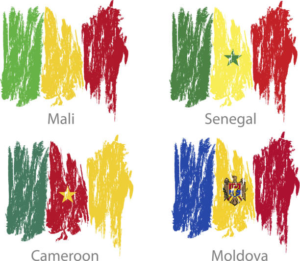 набор мазков, нарисованных флагами разных стран - senegal africa vector illustration and painting stock illustrations