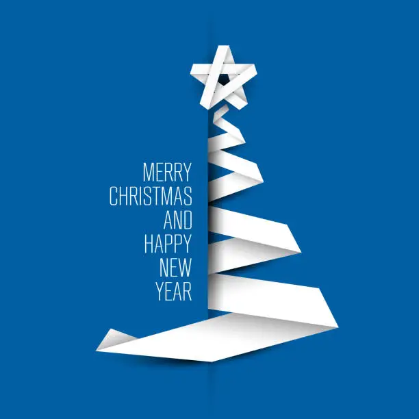 Vector illustration of Simple blue vector card with christmas tree made from paper stripe