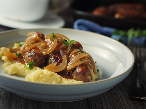 Home made freshness Traditional British Dish,grilled pork sausage with mashed potatoes and onion gravy