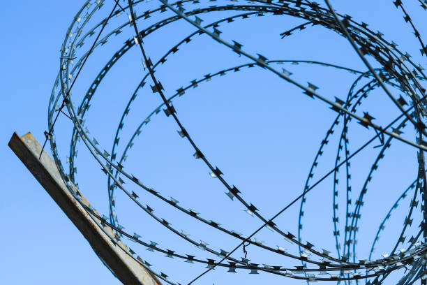 istock Barbed wire on the fence. Protective fencing specially protected 869352510