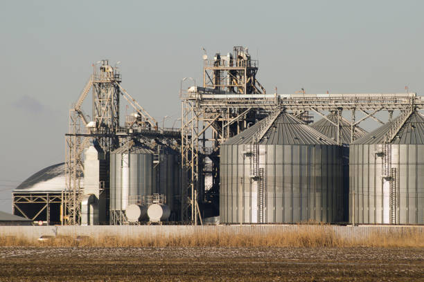 plant for the drying and storage of grain - old crane blue sky imagens e fotografias de stock