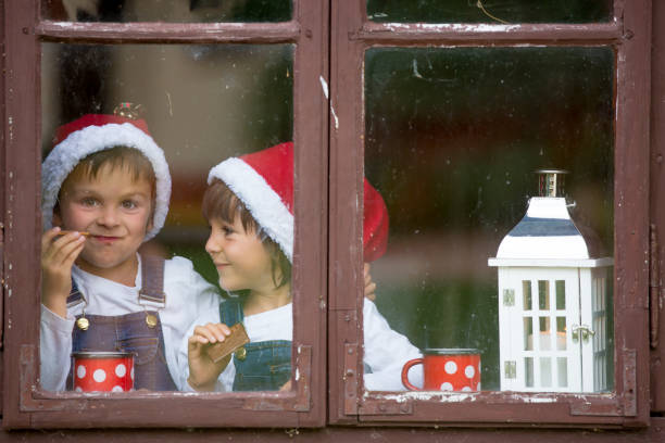 istock Two cute boys, brothers, looking through a window, waiting for Santa 869353276