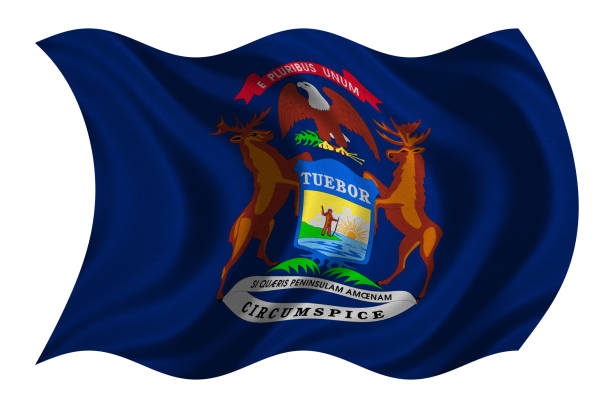 istock Flag of Michigan wavy on white, fabric texture 869359642
