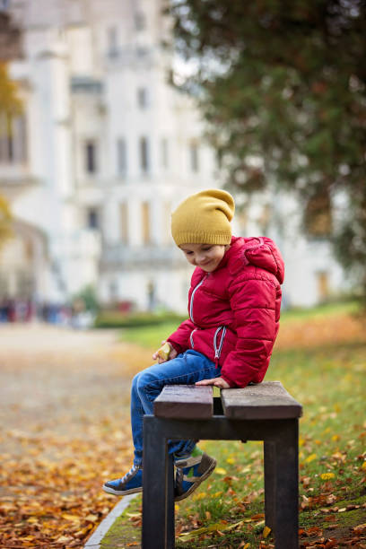 carino bel bambino, ragazzo, seduto su una panchina di fronte al bellissimo castello rinascimentale hluboka nella repubblica ceca - bench sitting tree apple foto e immagini stock