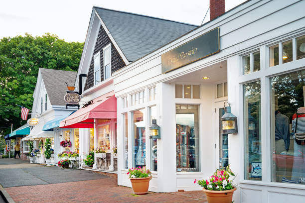 Shops in Chatham Cape Cod Massachusetts USA Stock photograph of a row of shops in Chatham, Cape Cod, Massachusetts, USA. cape cod photos stock pictures, royalty-free photos & images