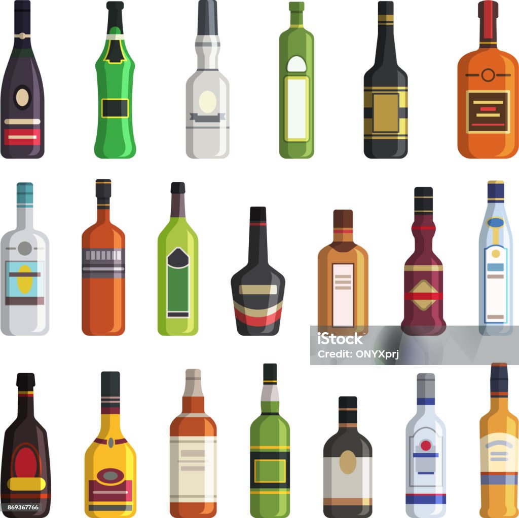 Likör, Whisky, Wodka und andere alkoholische Getränke-Flaschen. Vektor-Bilder im flachen Stil - Lizenzfrei Flasche Vektorgrafik