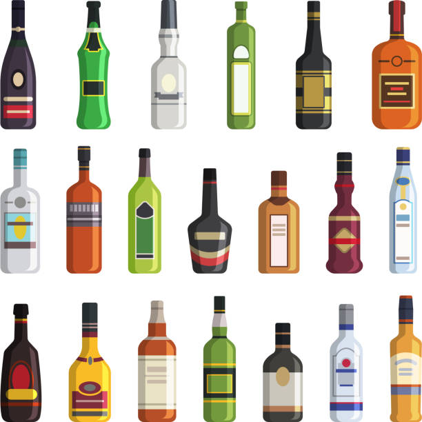 likör, whisky, wodka und andere alkoholische getränke-flaschen. vektor-bilder im flachen stil - liqueur bottle stock-grafiken, -clipart, -cartoons und -symbole