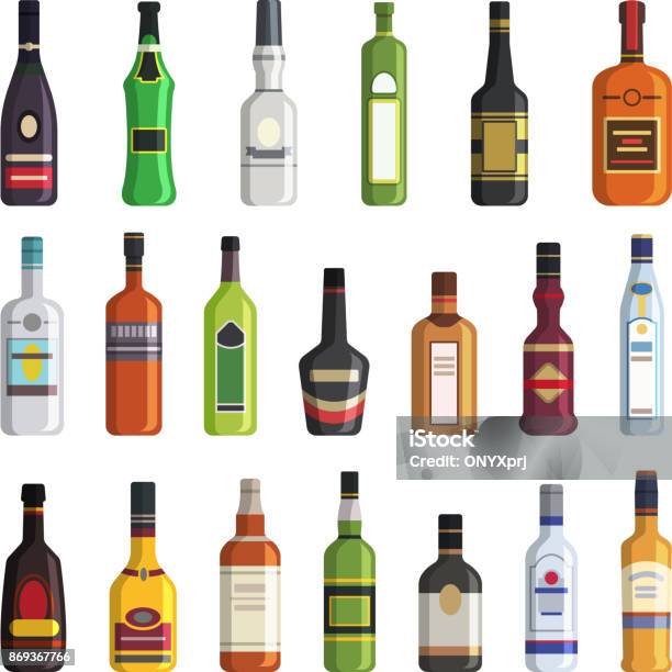 Liqueur Whiskey Vodka And Other Bottles Of Alcoholic Drinks Vector Pictures In Flat Style Stock Illustration - Download Image Now