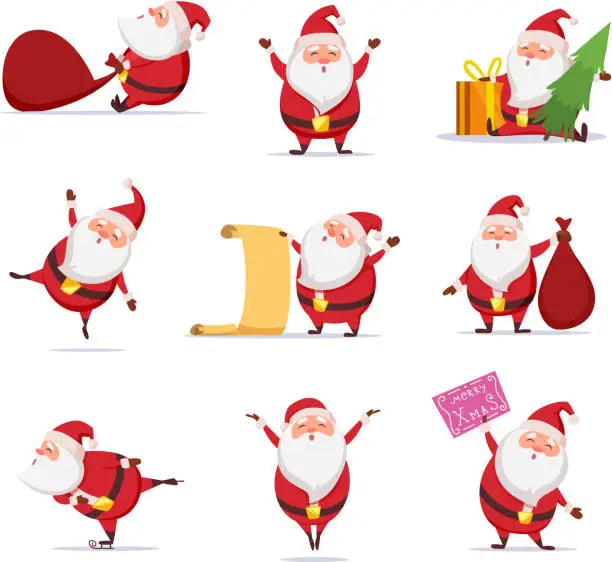 Vector illustration of Christmas symbols of funny cute santa. Different characters set in dynamic poses