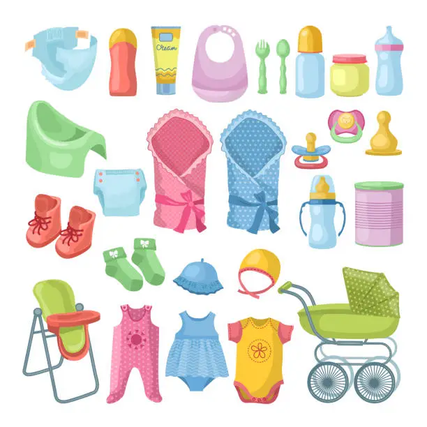 Vector illustration of Illustrations set of newborn stuff. Different pictures set in cartoon style