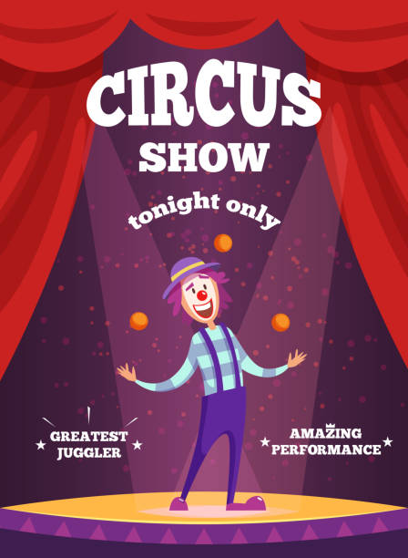 ilustraciones, imágenes clip art, dibujos animados e iconos de stock de cartel de invitación para el rendimiento de mostrar o magos de circo. ilustración de payaso malabares en el escenario - juggling
