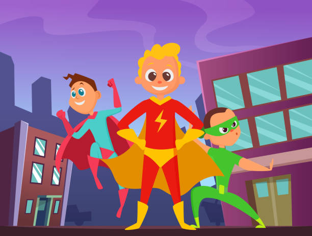 illustrazioni stock, clip art, cartoni animati e icone di tendenza di sfondo urbano con bambini supereroi in pose d'azione. illustrazioni di eroi forti e divertenti - mask superhero heroes men