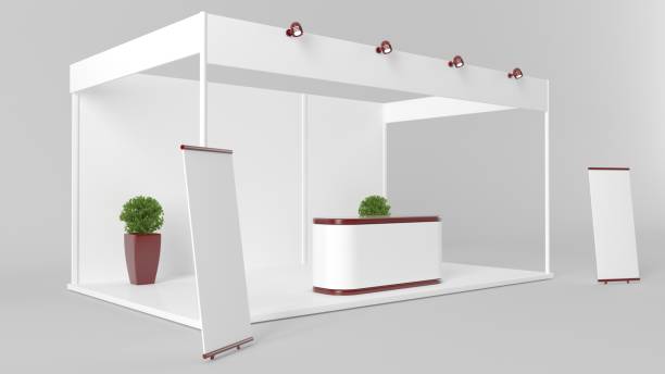 istock 3d rendering of a white creative exhibition kiosk for branding 869371470