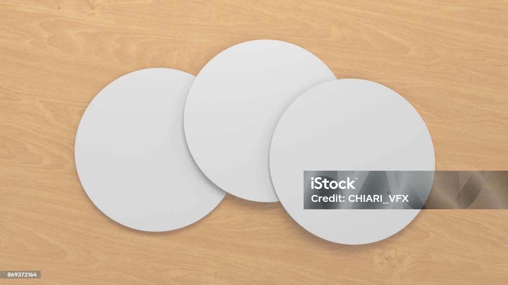 Posavasos de representación blanco 3D aislados sobre fondo de madera - Foto de stock de Alimento libre de derechos