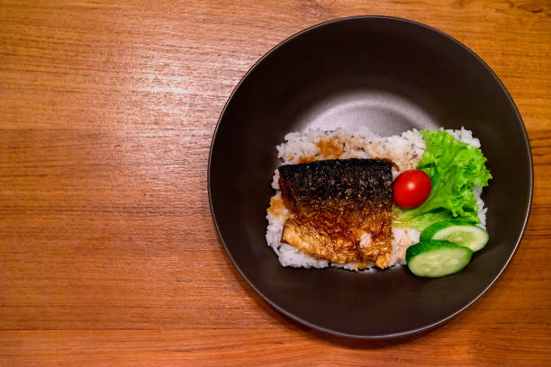 Grill Saba fish with steam rice on dish , Japanese Food stock photo