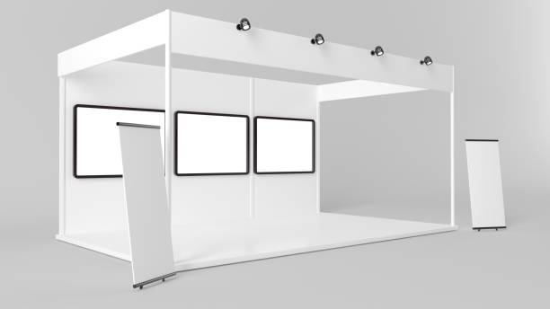 istock 3d rendering of a white creative exhibition kiosk for branding 869372578