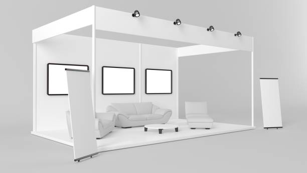 istock 3d rendering of a white creative exhibition kiosk for branding 869375258