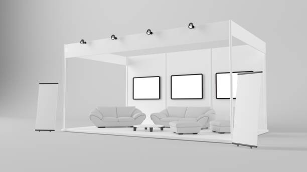 istock 3d rendering of a white creative exhibition kiosk for branding 869375408