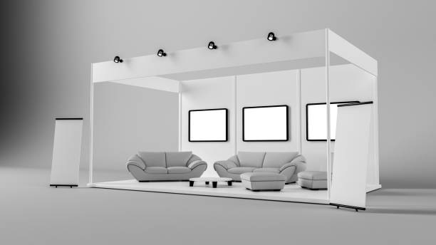 istock 3d rendering of a white creative exhibition kiosk for branding 869375450