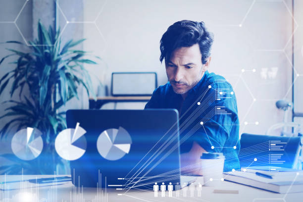 istock Concept of digital screen,virtual connection icon,diagram,graph interfaces.Young coworker working at office on laptop.Businessman analyze stock reports.Blurred background,horizontal. 869375784
